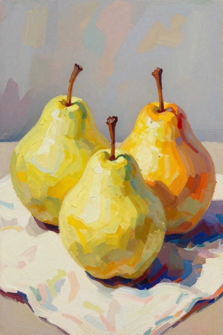 Three yellow pears with stems on white cloth in vibrant oil painting style