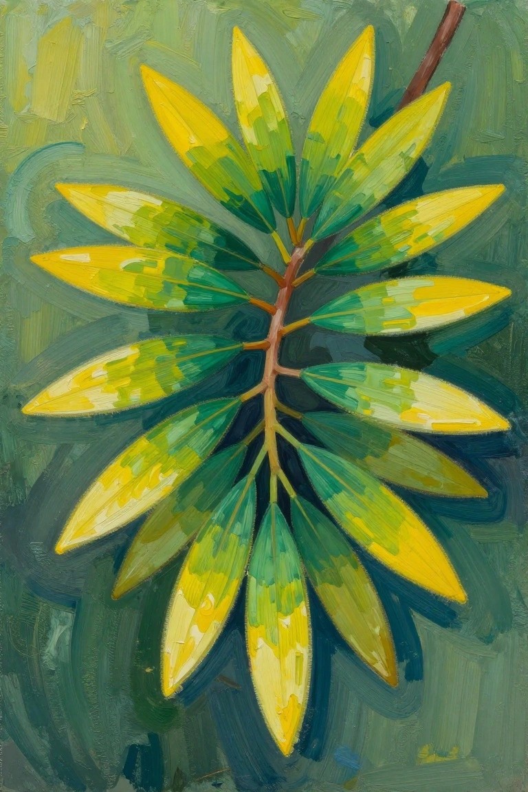 A painting of a plant with many elongated leaves in shades of yellow and green arranged around a central stem against a textured green background.