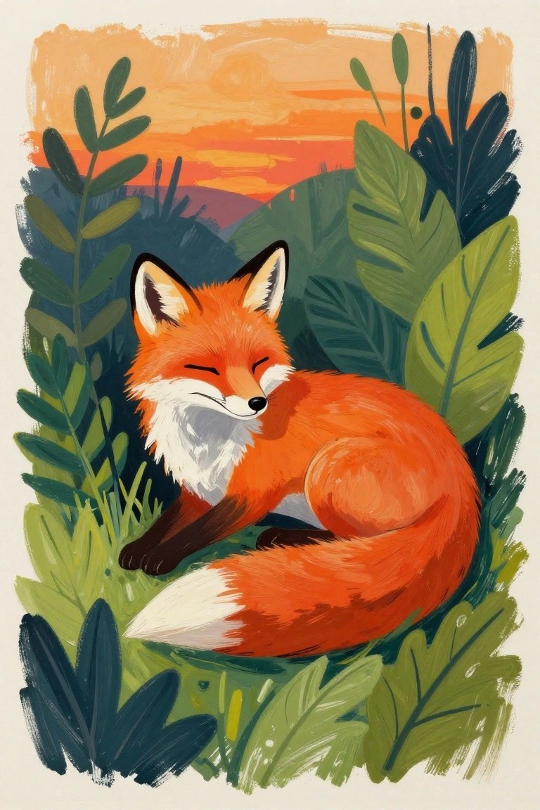 Sleeping fox curled in green leaves under vibrant orange sunset sky