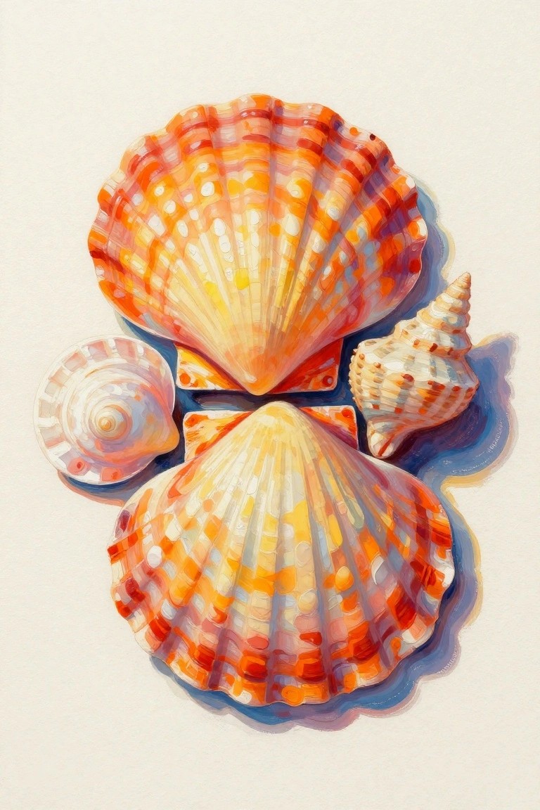 Vibrant watercolor of orange scallop shells with spiral seashells and blue shadows.