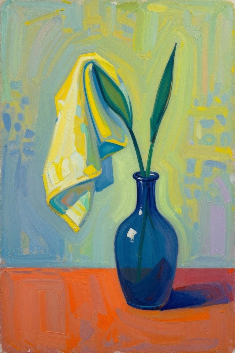 A painting shows a blue vase with two green leaves beside a yellow and blue cloth on an orange surface against a green background.