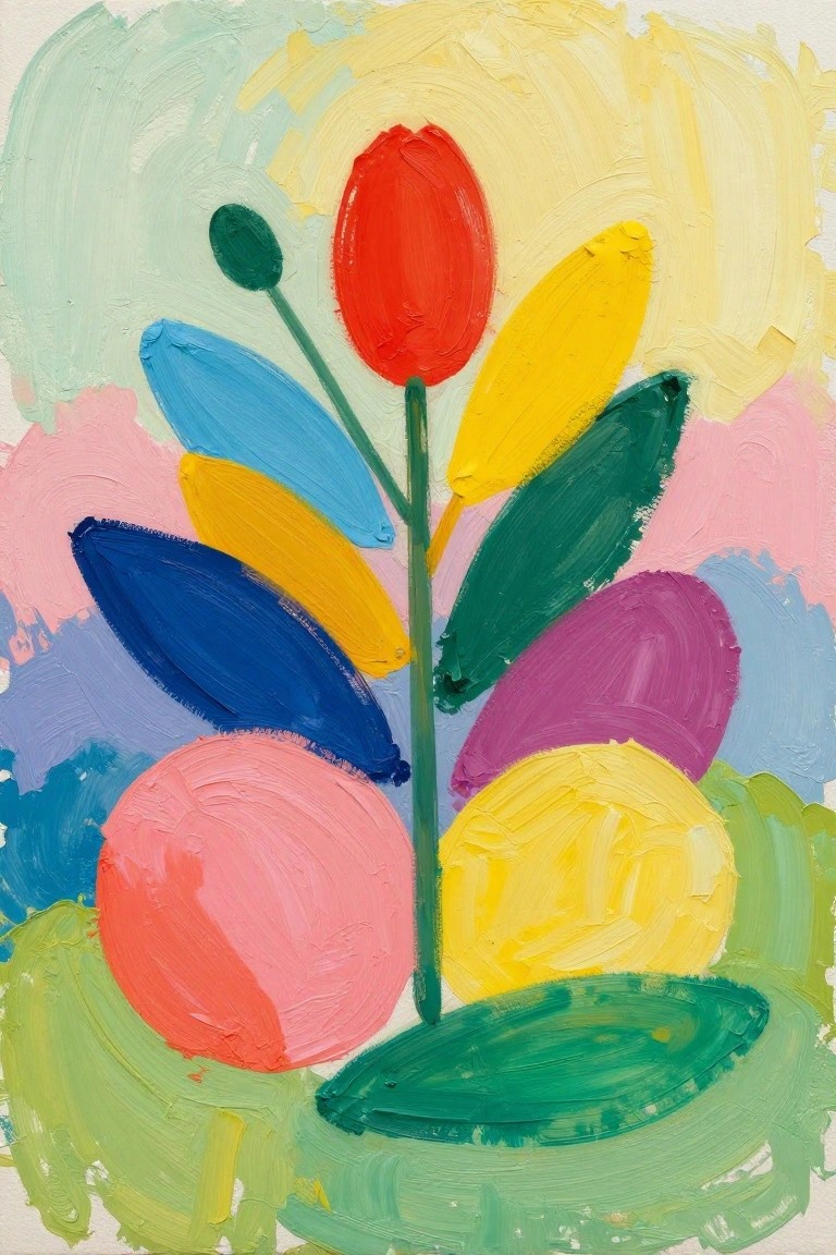 Vibrant abstract floral painting with red tulip, colorful leaves, and thick brushstrokes on pastel background