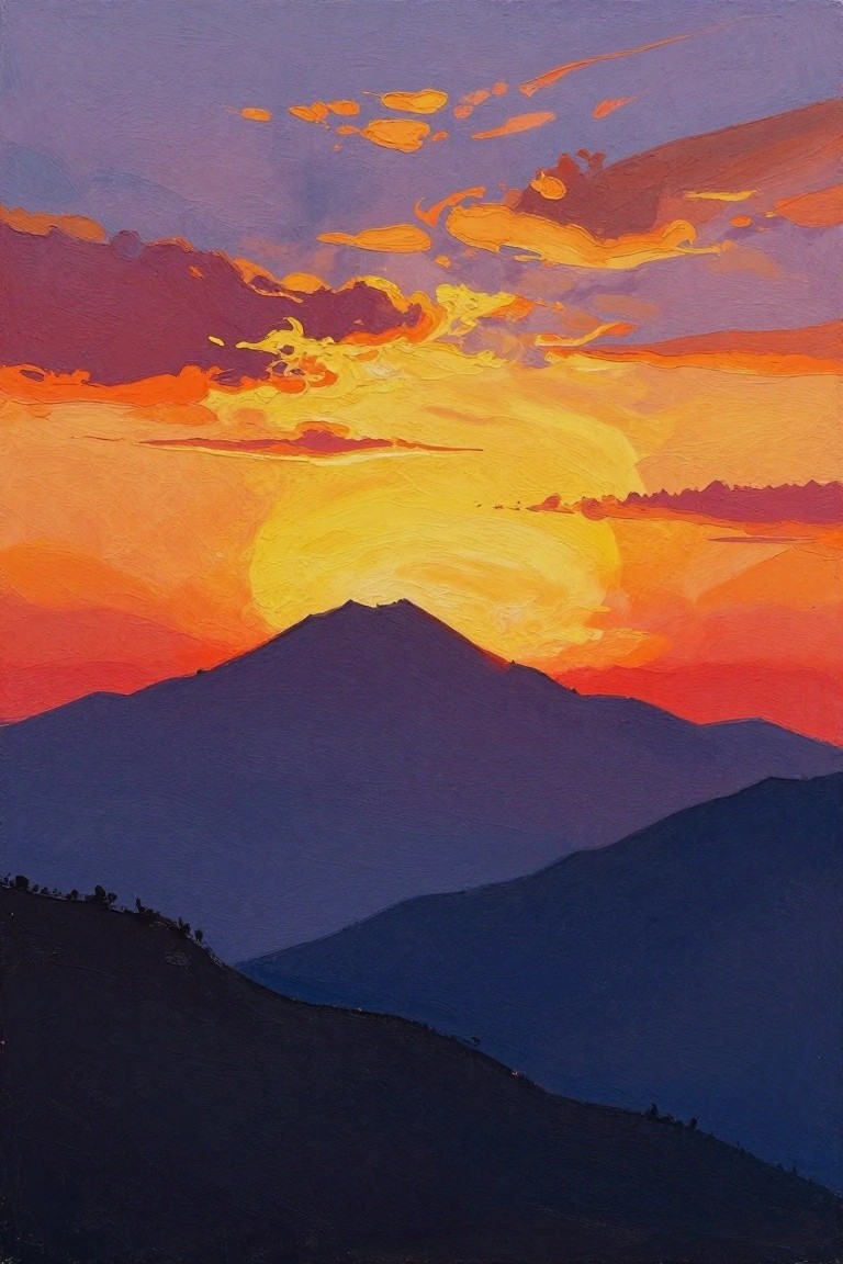 A painting shows a bright yellow sun behind dark mountain silhouettes under a sky of orange, red, and purple clouds.
