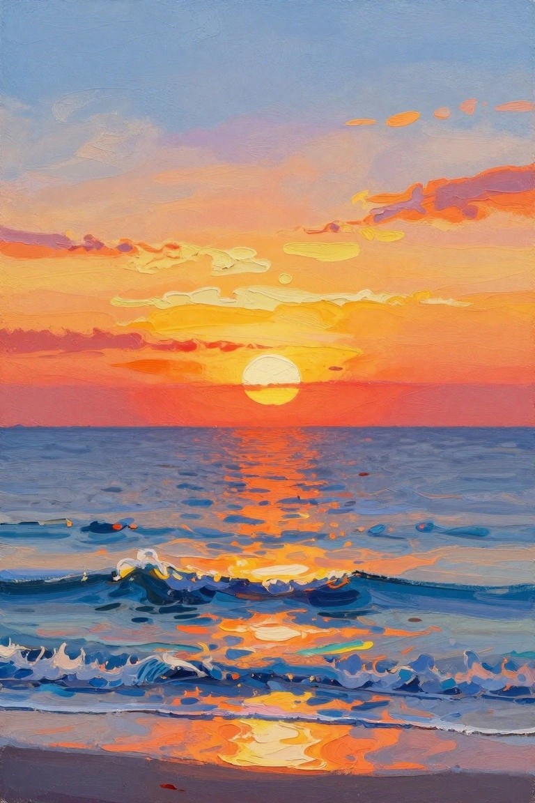 Oil painting of vibrant sunset over ocean with colorful clouds and crashing waves