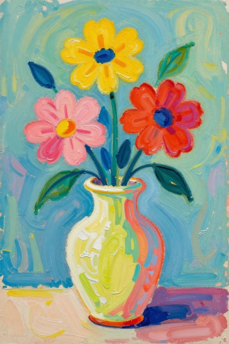 Vibrant painting of three colorful flowers in a swirling vase.