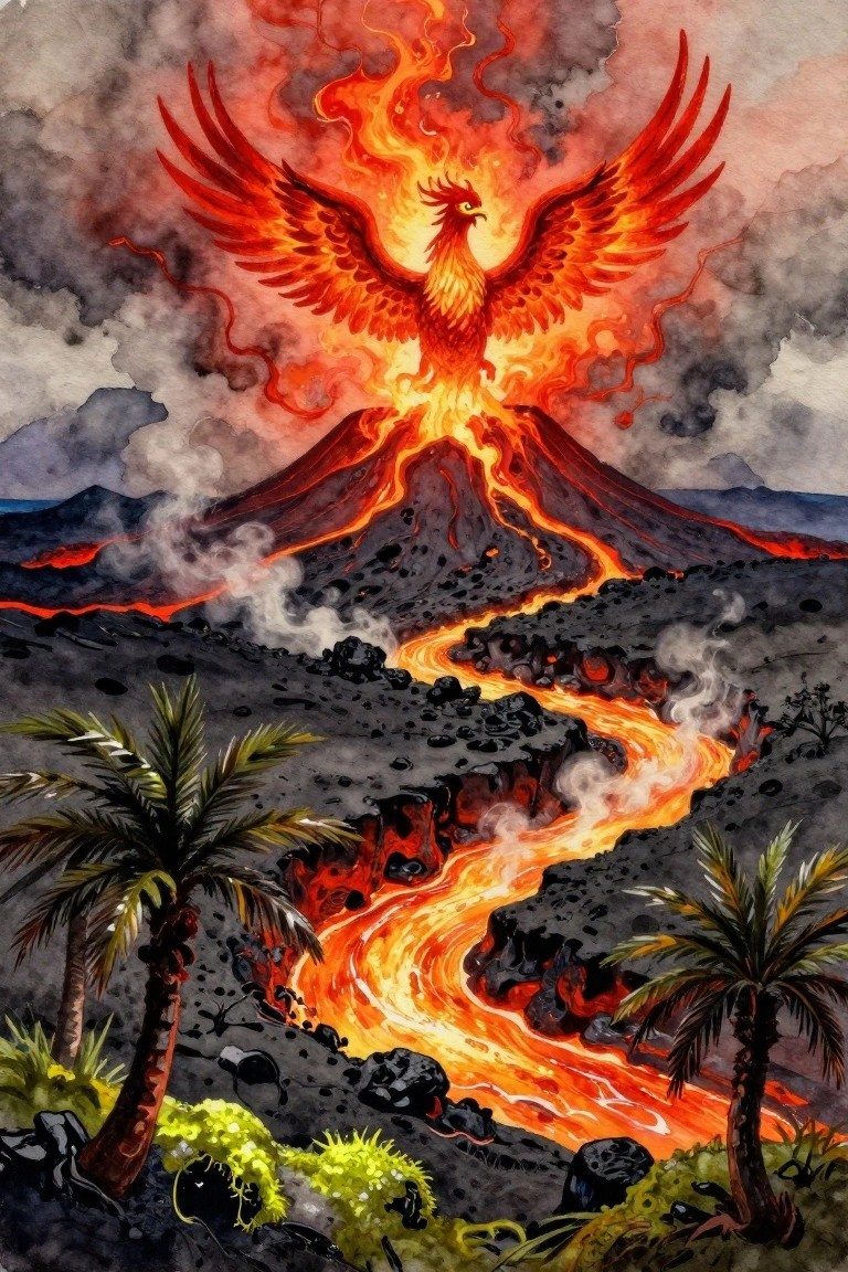A painting of a fiery red and orange phoenix with spread wings above a volcano, lava flowing past dark rocks and palm trees in the foreground.