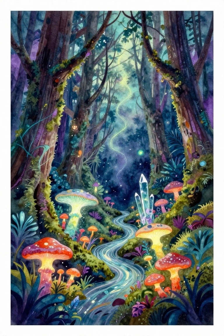 Magical watercolor forest with glowing mushrooms, winding stream, and crystals at night