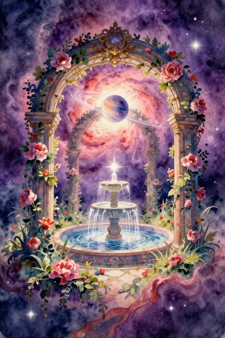 A watercolor-style painting of a stone fountain beneath an ornate arch covered in pink roses, with a ringed planet and colorful nebula visible in the starry sky behind it.