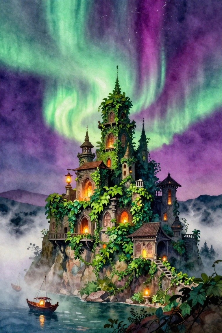 Fantasy castle on misty cliff overgrown with vines under green-purple aurora, boat below
