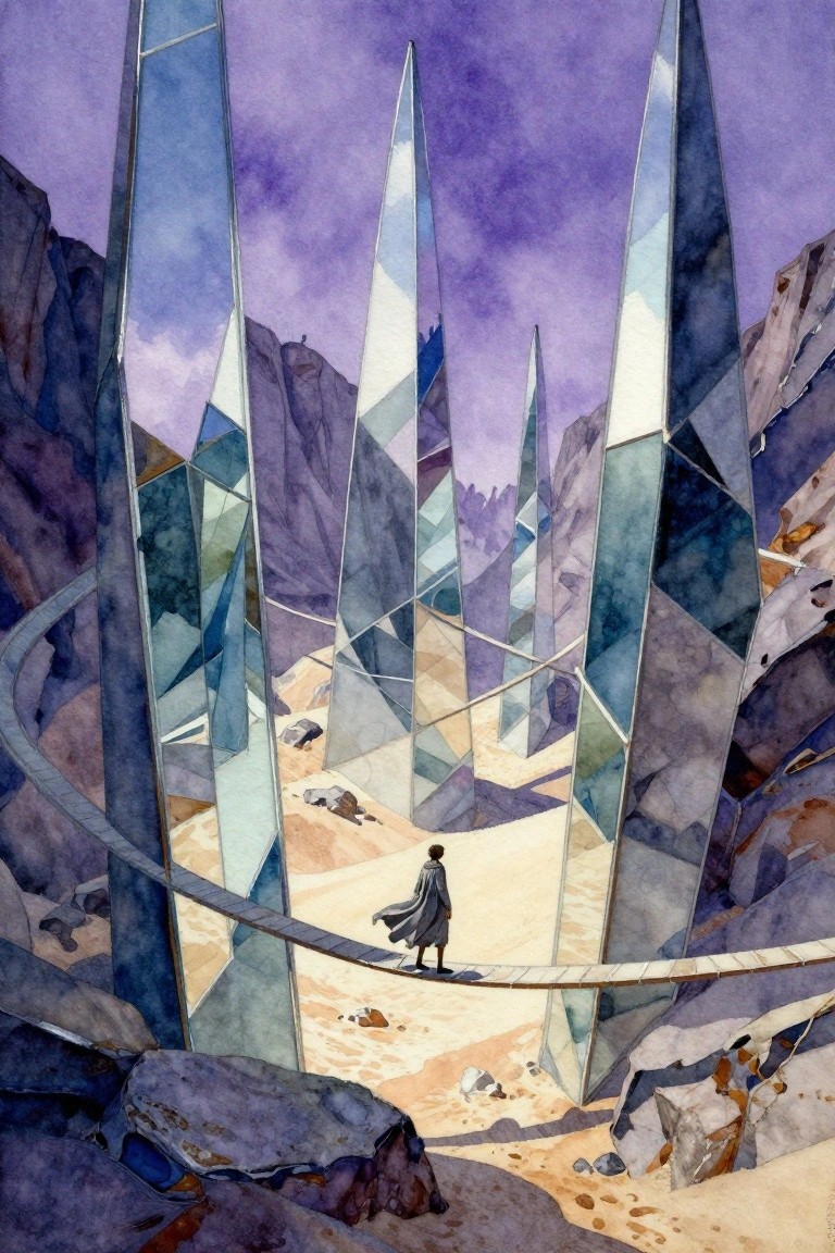 A watercolor painting shows a cloaked figure on a bridge between tall mirrored crystal spires in a rocky canyon under a purple sky.