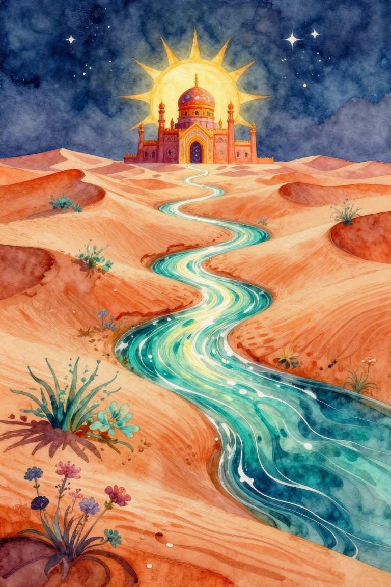 Watercolor desert with winding turquoise river flowing to palace under glowing sun and stars