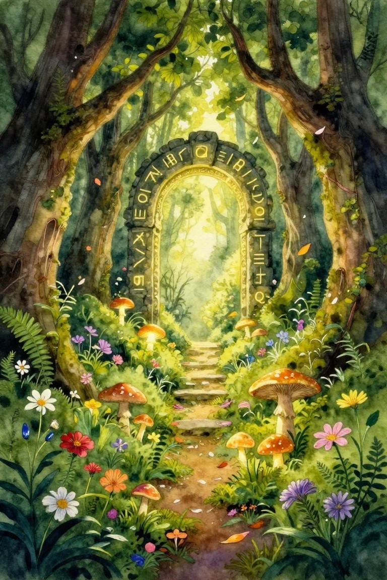 A watercolor painting of a stone arch with glowing runes in a lush forest, with a path leading through it surrounded by trees, mushrooms, and wildflowers.