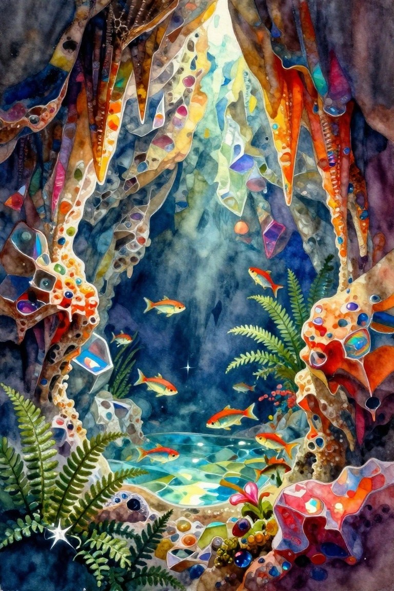 Vibrant watercolor underwater cave with orange fish, ferns, and rainbow crystal stalactites.