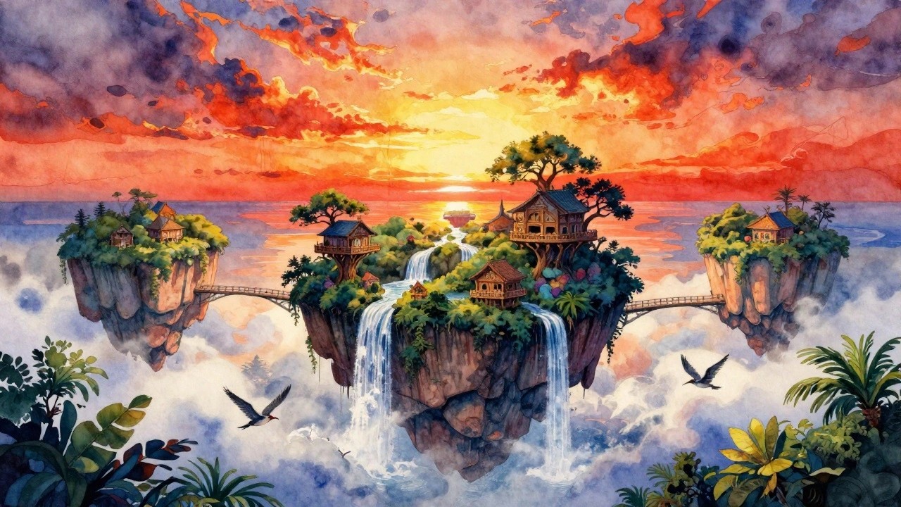 A detailed painting of several floating rocky islands with houses, trees, waterfalls, a bridge, and birds against a vibrant sunset sky.
