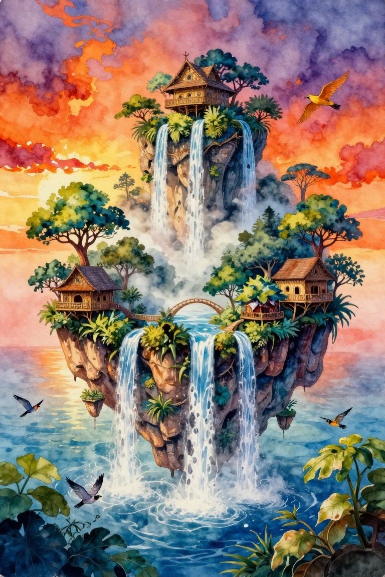 A detailed painting of several floating rocky islands with houses, trees, waterfalls, a bridge, and birds against a vibrant sunset sky.