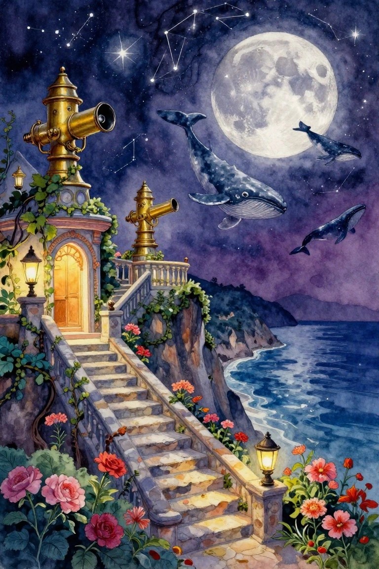 Fantasy watercolor scene of flying whales above moonlit cliff observatory with flowering stairs.