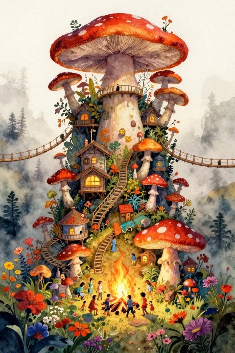 Whimsical giant mushroom village with houses, bridges, flowers, and campfire gathering.