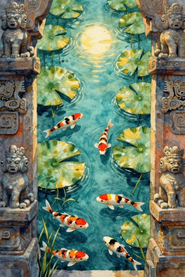 Watercolor koi fish swimming among lily pads between ornate stone pillars under sunlight.