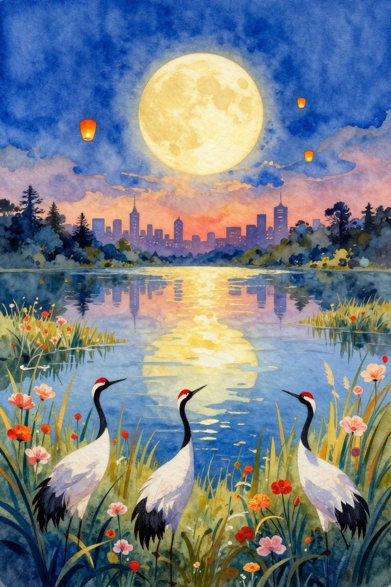 Watercolor of three cranes amid flowers by a moonlit lake with city skyline.