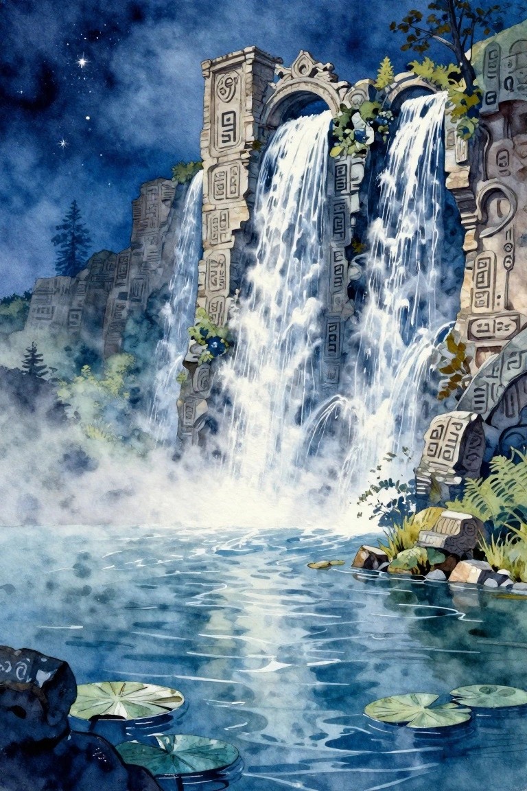 Watercolor of ancient carved stone ruins with cascading waterfalls under a starry night sky.