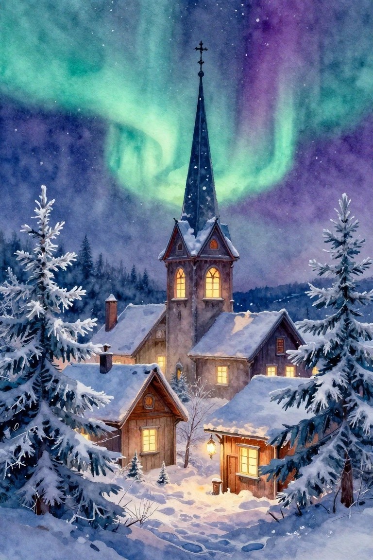 Watercolor of snowy church village with glowing windows under vibrant aurora borealis