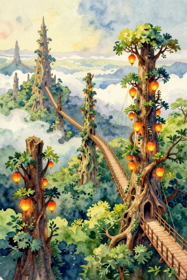 Watercolor fantasy of bridges linking lantern-lit trees above misty green mountains