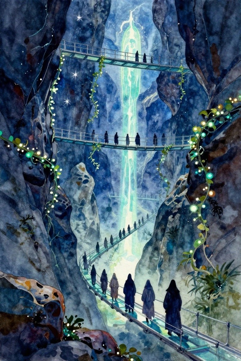 A watercolor scene showing several glowing bridges crossing a deep rocky chasm with small figures on the paths and clusters of lights along the walls.