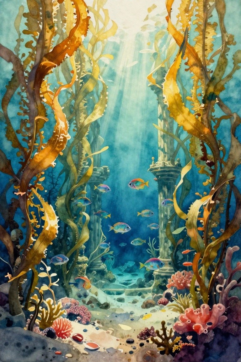 Underwater watercolor with golden kelp, colorful fish, ancient stone columns, and coral.