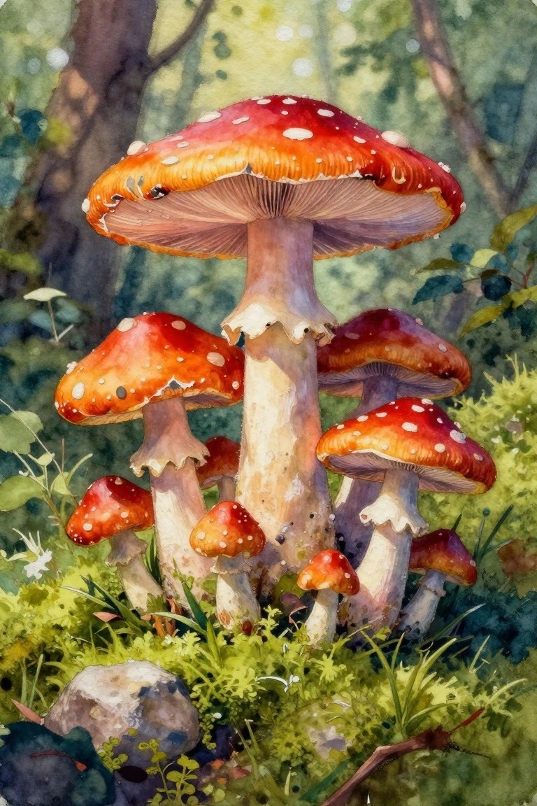 Watercolor of giant red-and-white spotted mushrooms amid lush forest greenery
