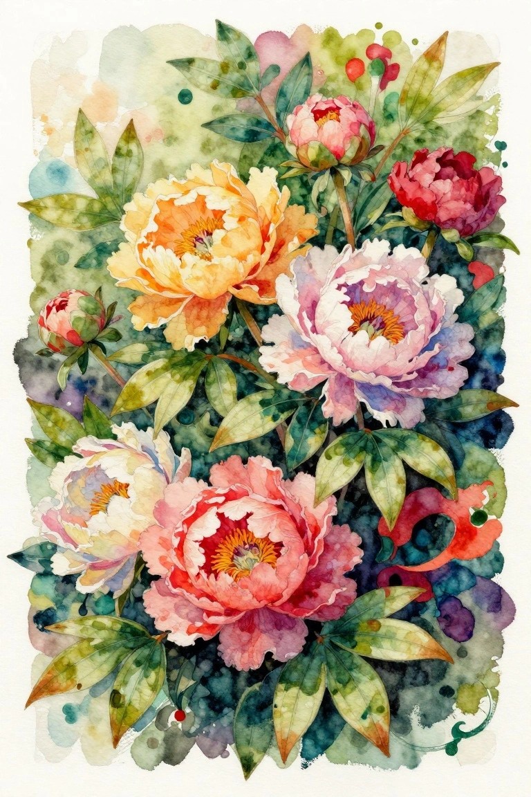Vibrant watercolor peonies in pink, yellow, and red with green leaves on abstract background
