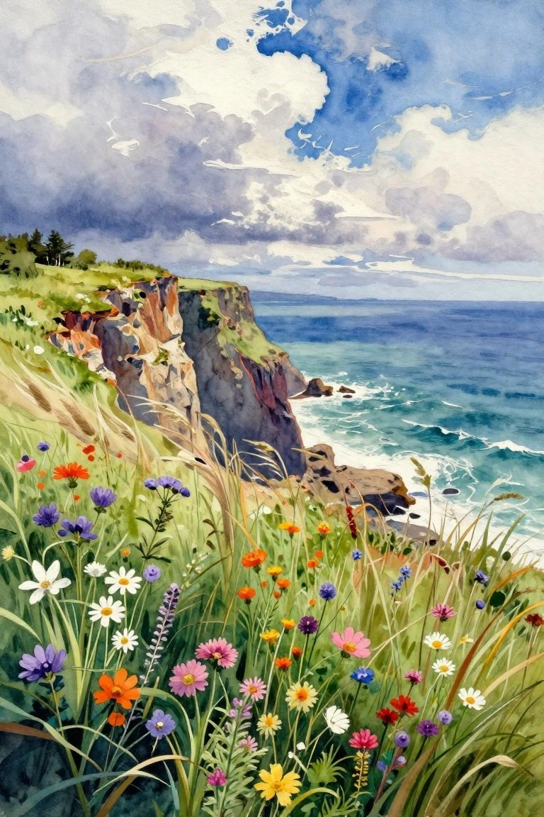 Watercolor of colorful wildflowers on cliffs above a wavy blue ocean under clouds