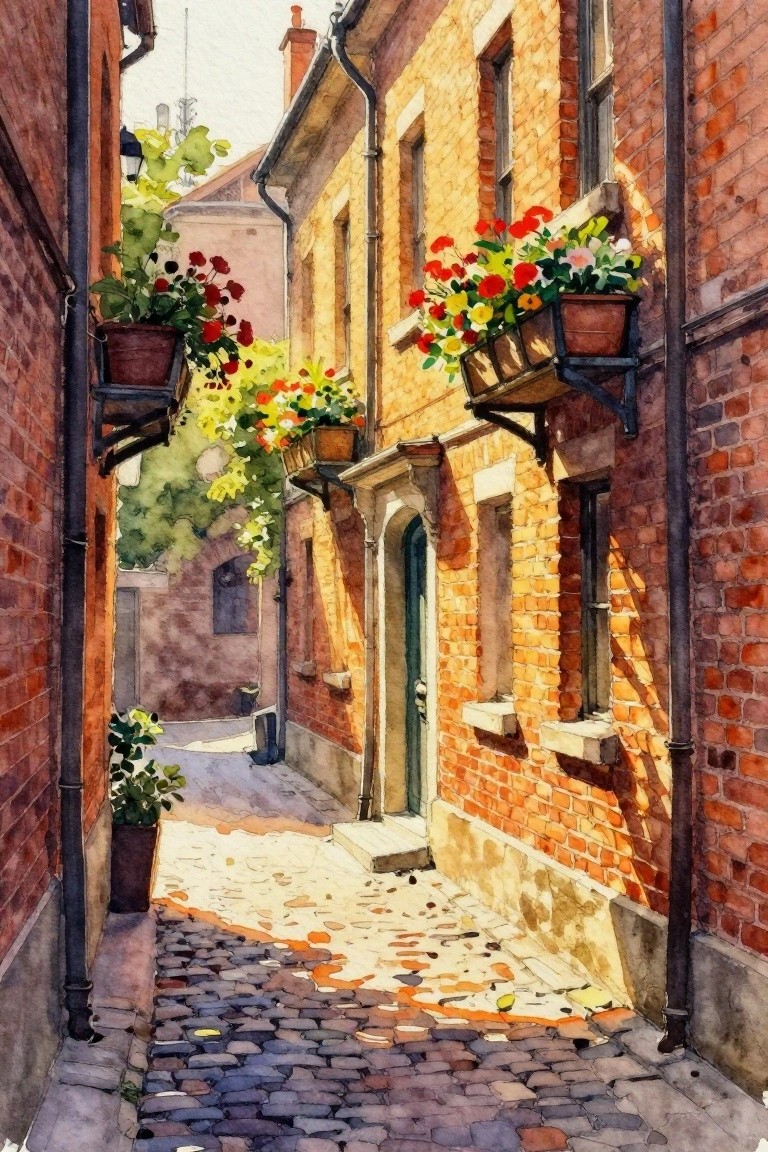 A watercolor painting of a narrow cobblestone alley between red brick buildings with colorful flower boxes on the walls and sunlight casting shadows.