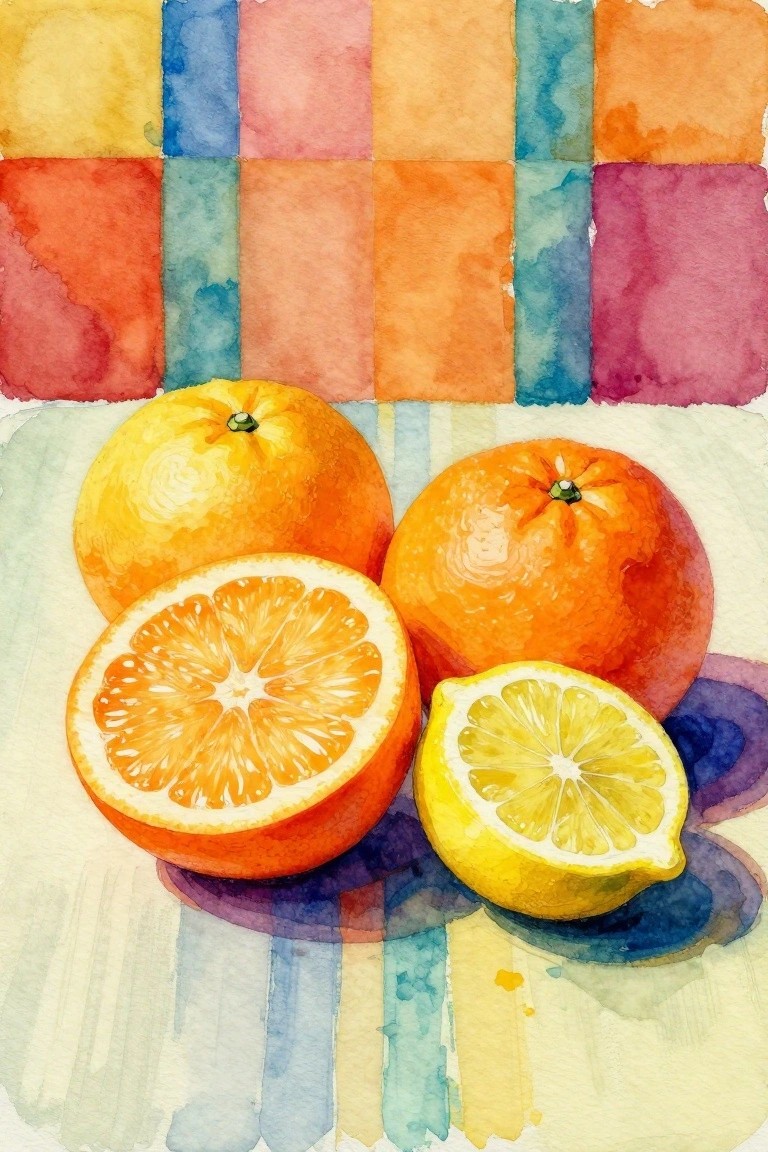 Watercolor still life of whole and halved oranges with lemon on colorful stripes