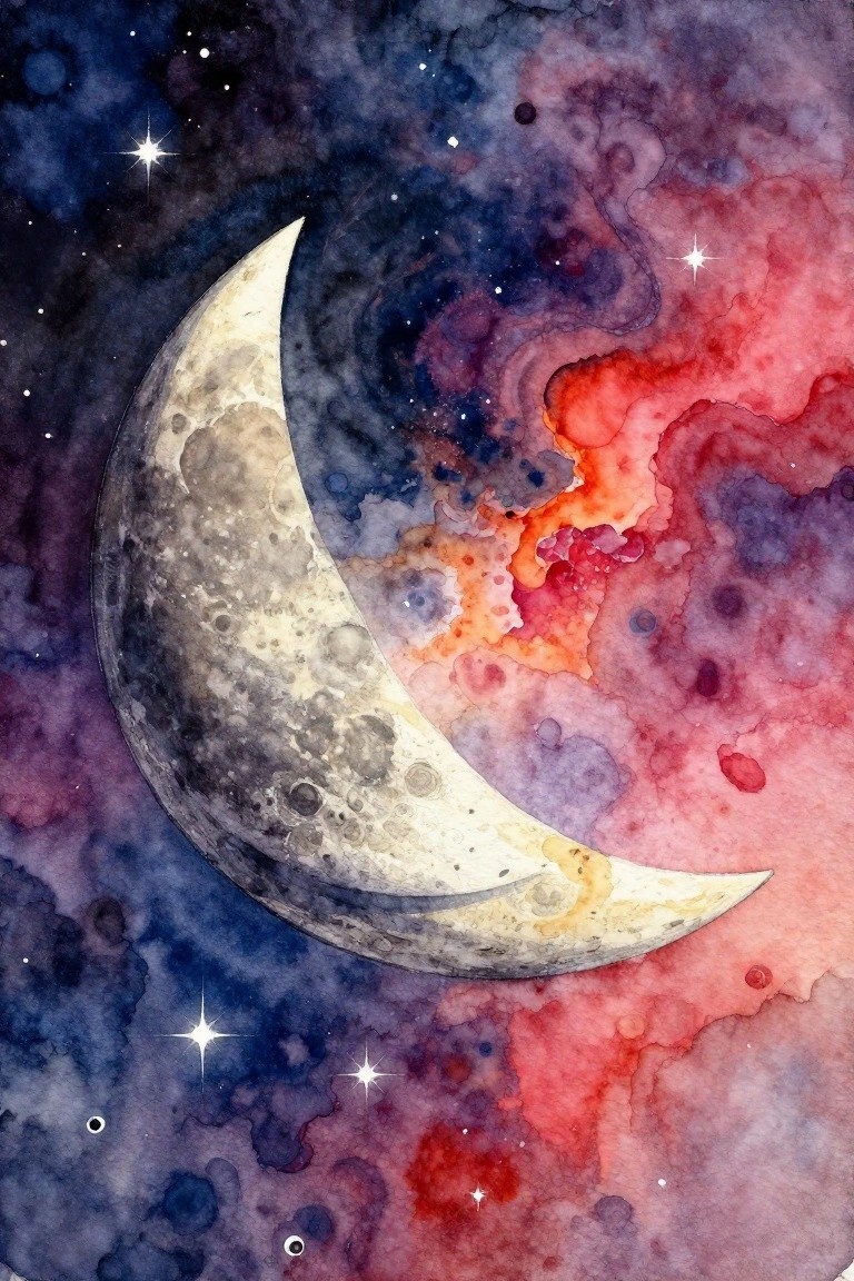 Watercolor crescent moon amid vibrant red and blue cosmic nebulae with twinkling stars.