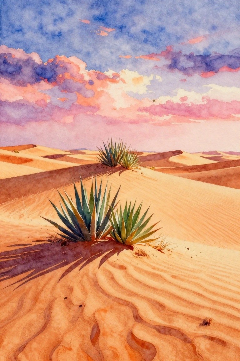Watercolor desert dunes with spiky agave plants under pink-purple sunset sky