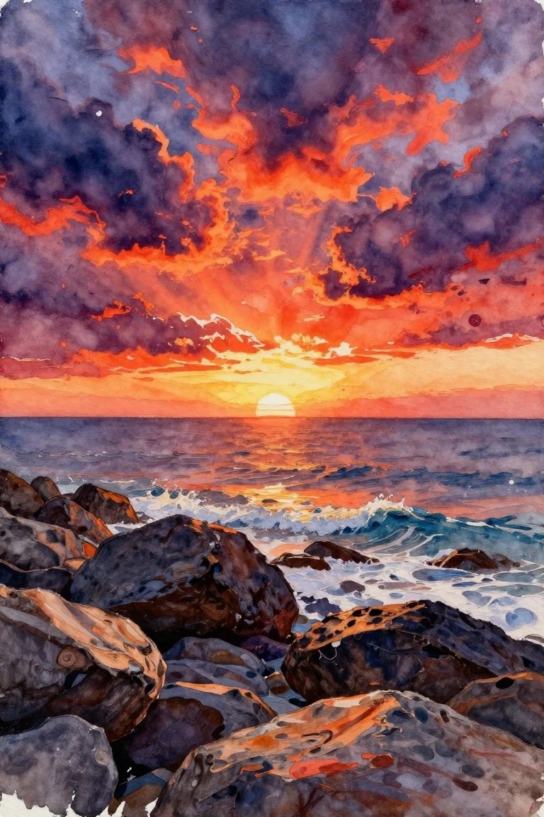 Vibrant watercolor sunset with fiery clouds over ocean waves crashing on dark rocks