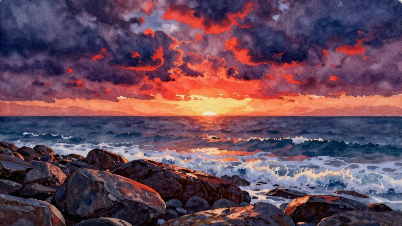Vibrant watercolor sunset with fiery clouds over ocean waves crashing on dark rocks
