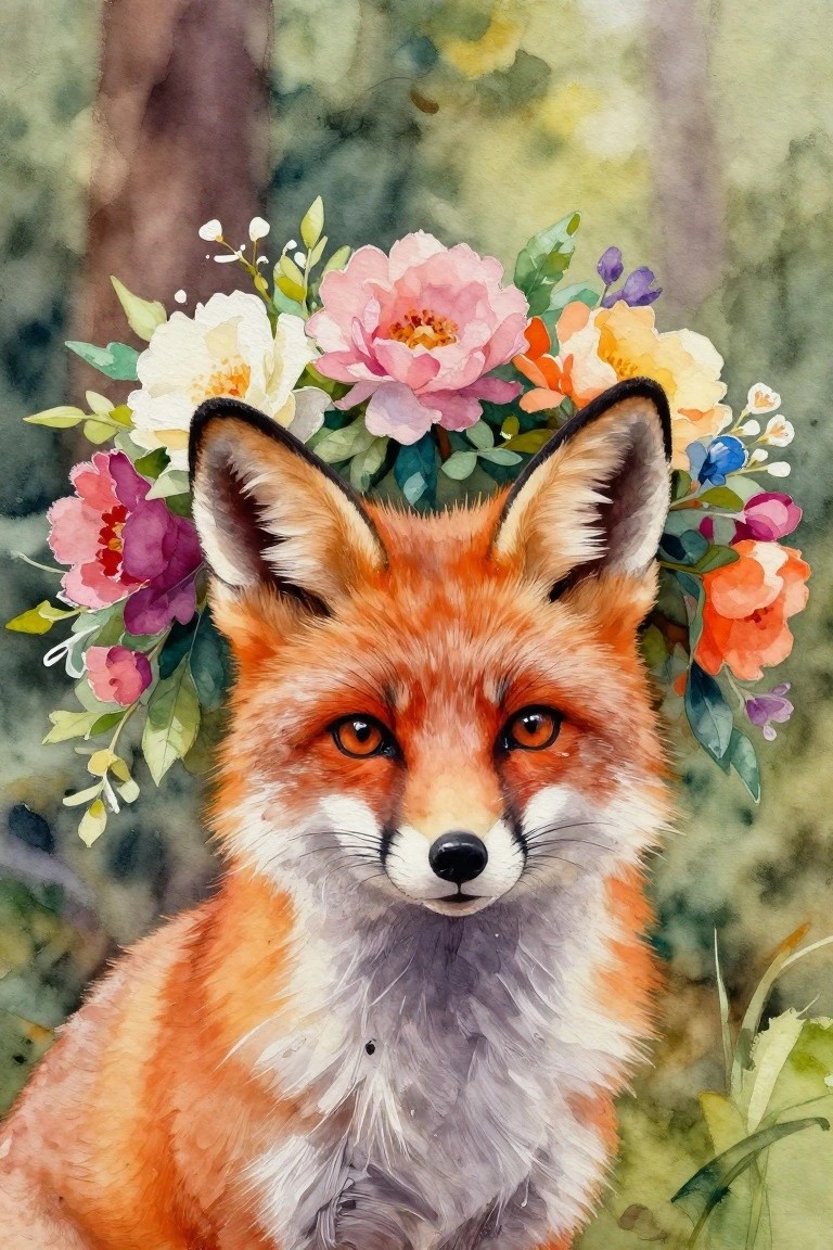 Watercolor red fox wearing vibrant pink and orange flower crown in forest