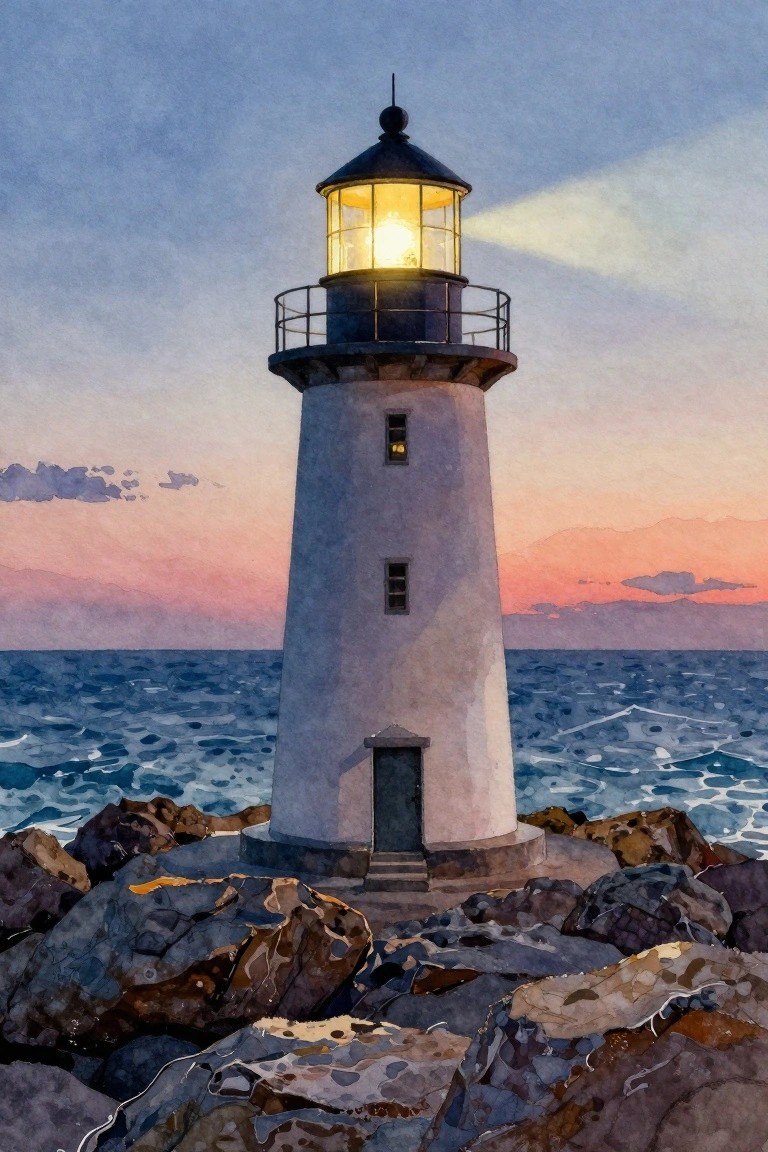Illuminated white lighthouse on rocky shore at colorful ocean sunset, watercolor style.
