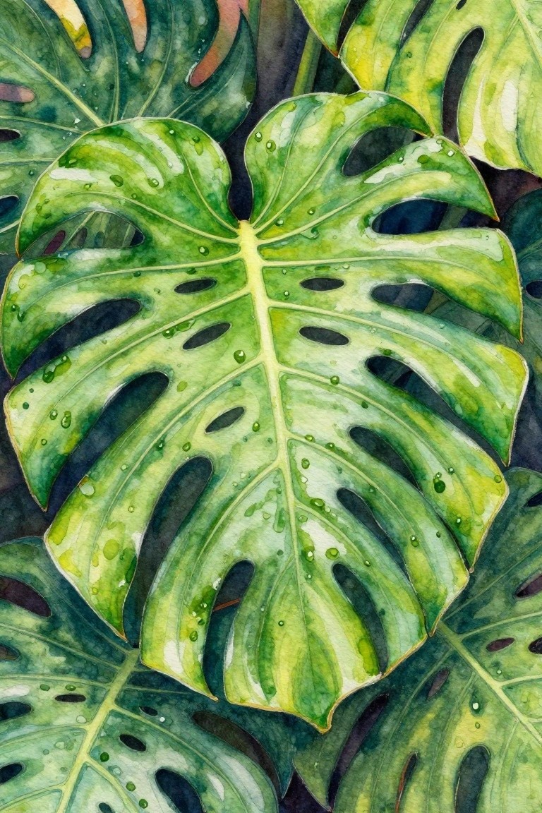 Vibrant green monstera leaves with water droplets in watercolor style.