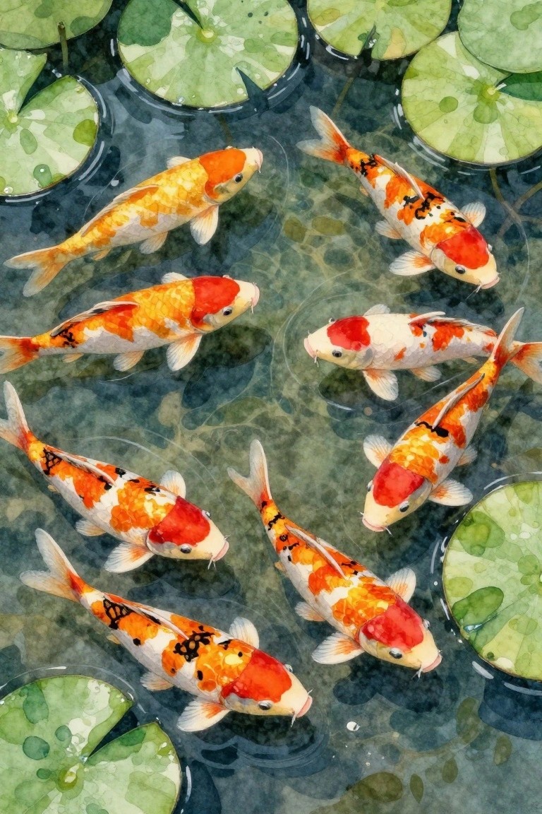 Colorful koi fish swimming among green lily pads in a pond