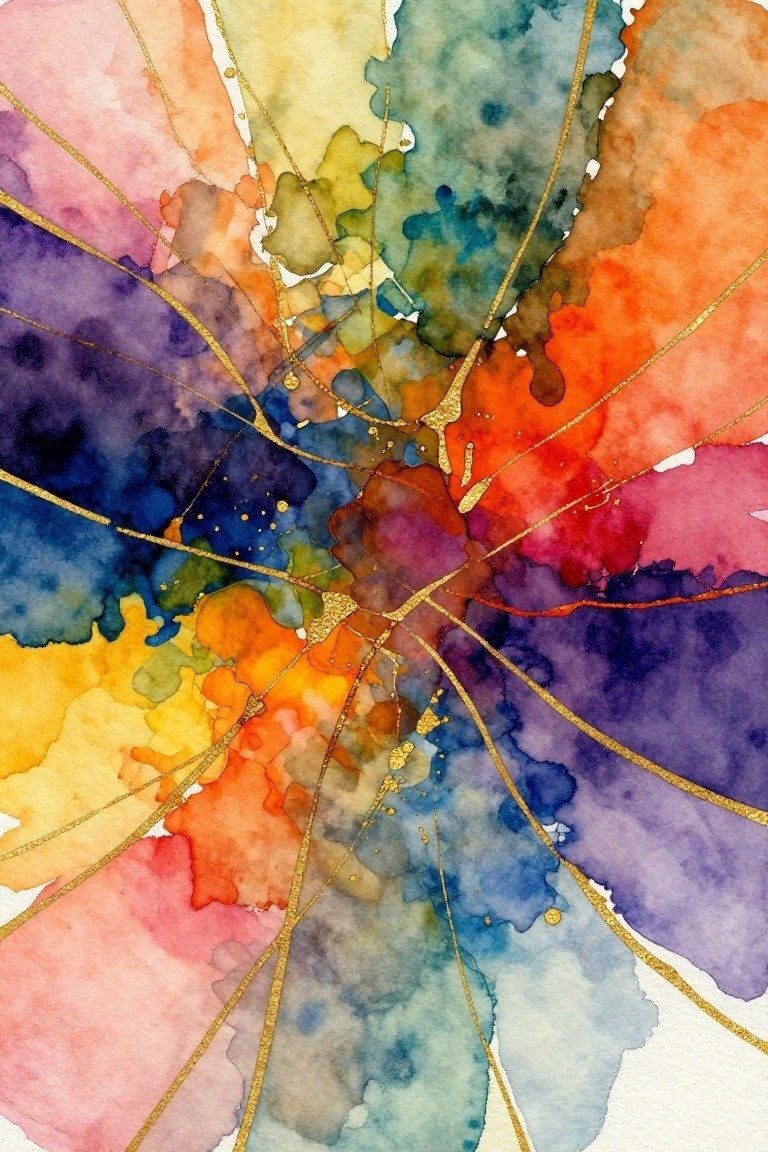 Vibrant watercolor abstract with blended rainbow hues and radiating gold lines.