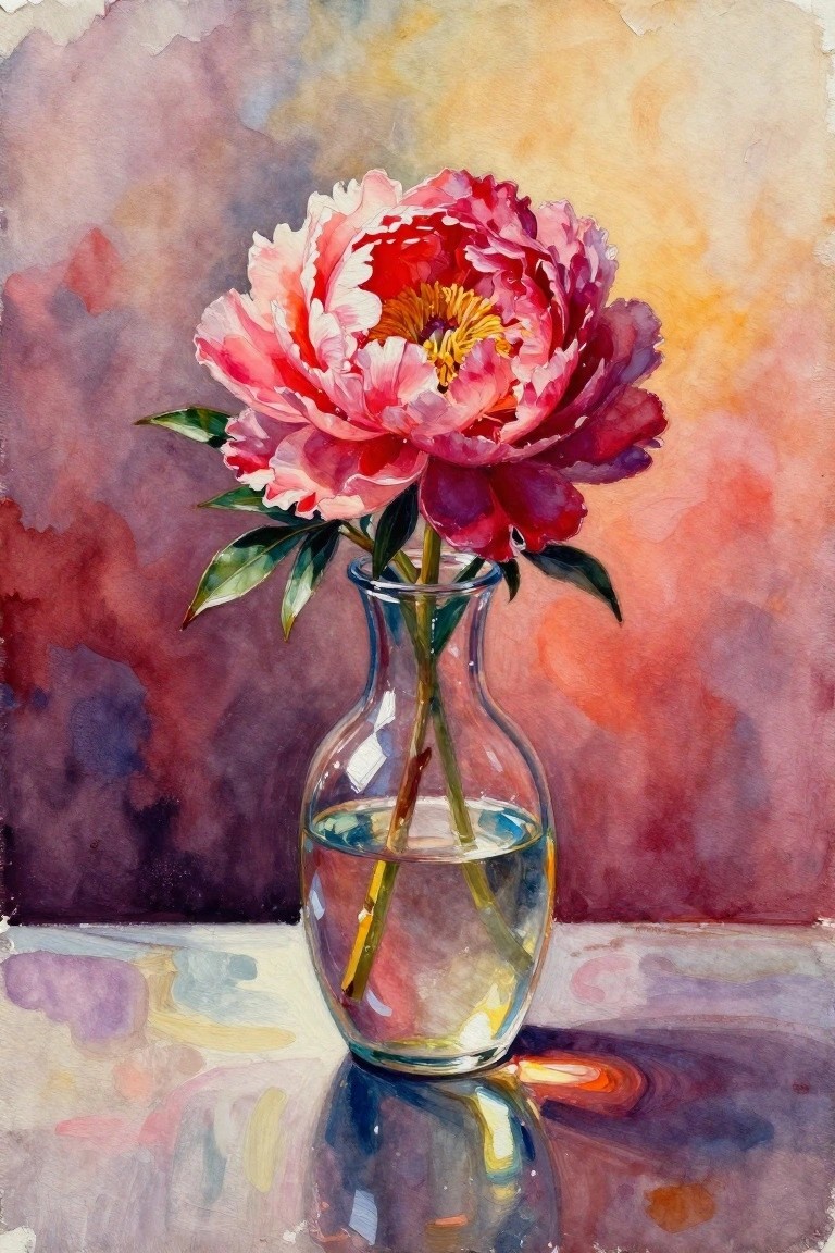 Watercolor of vibrant pink-red peony with leaves in clear glass vase on reflective surface.