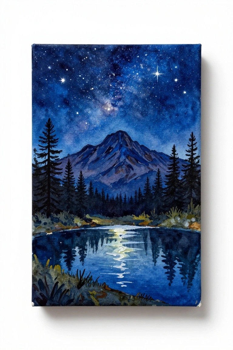 Watercolor painting of starry night mountain landscape with reflective lake and pine trees.