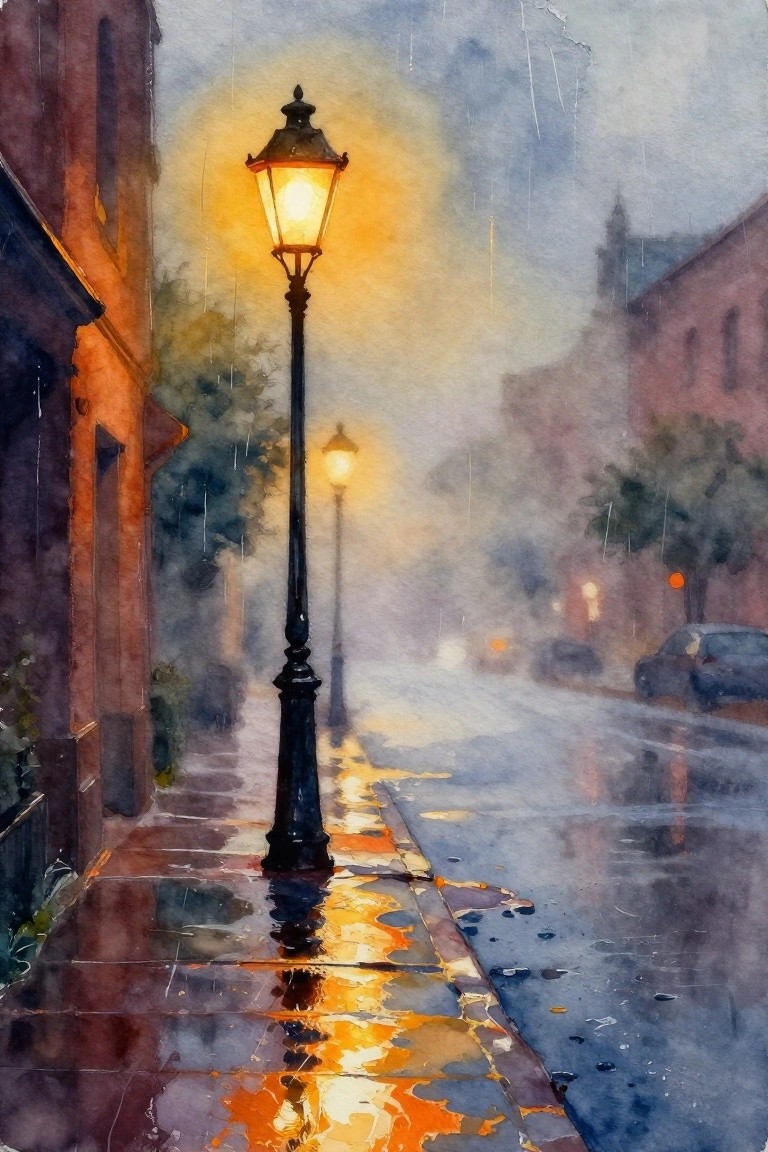 Watercolor of glowing lamppost reflecting on rain-slicked sidewalk in misty dusk street