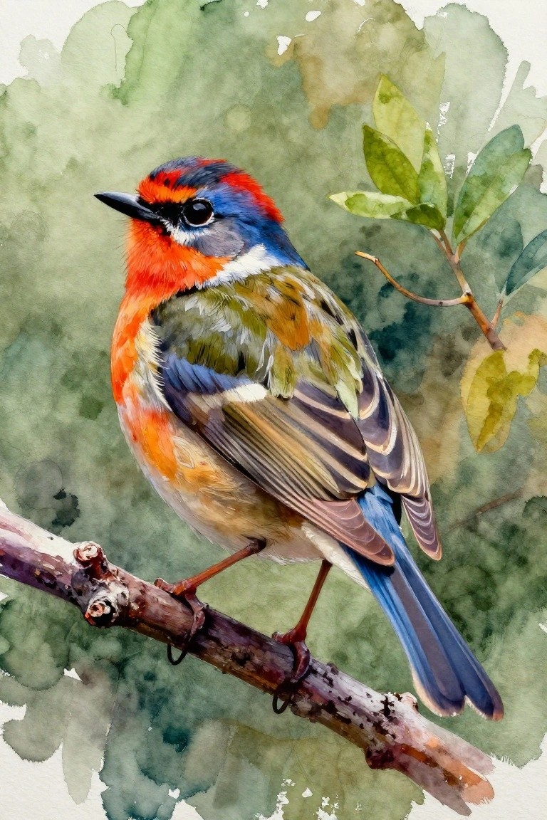 Vibrant red-breasted bird with blue head and wings perched on branch in watercolor style