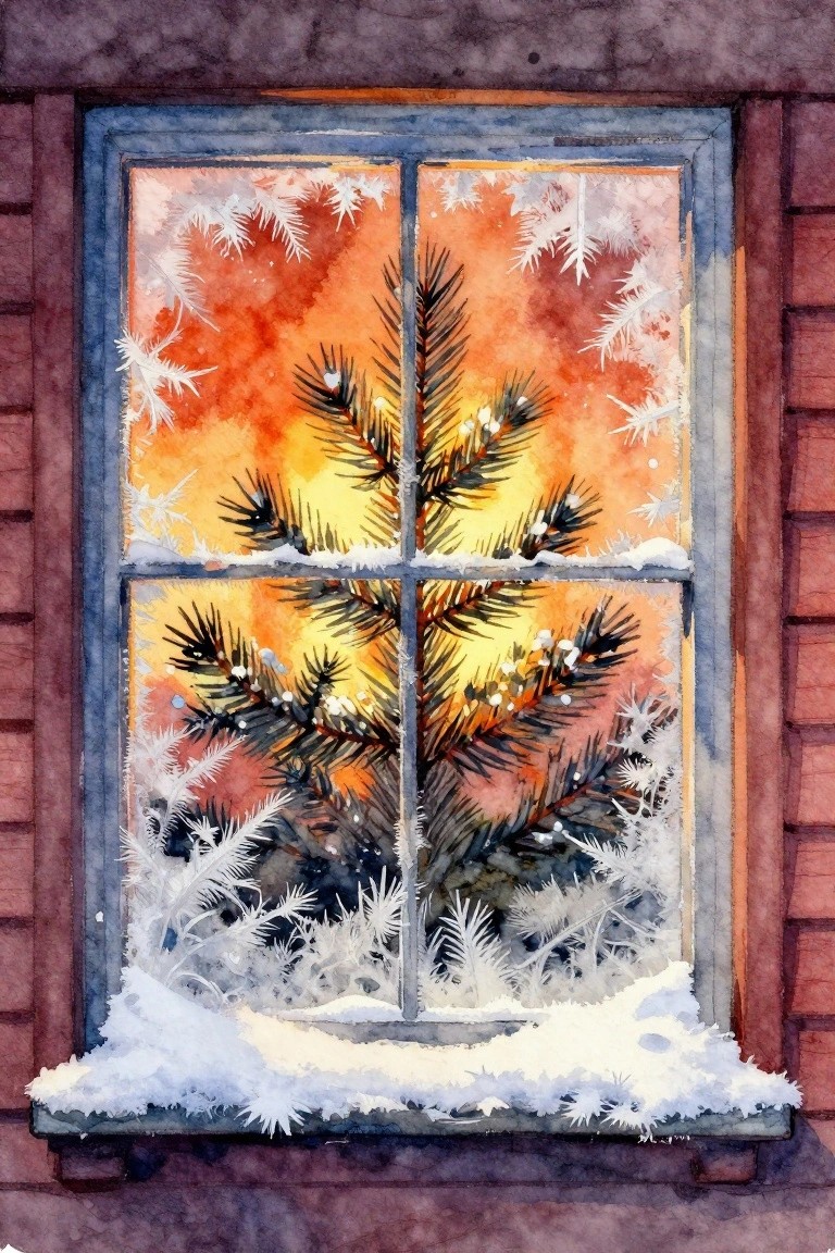 A watercolor painting of a blue window frame with snow on the sill, frost patterns on the glass, and a pine branch visible against an orange and yellow sky.