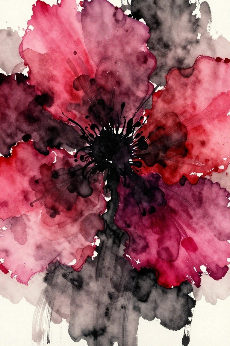 Abstract watercolor flower with vibrant pink, red, and black splattered petals.