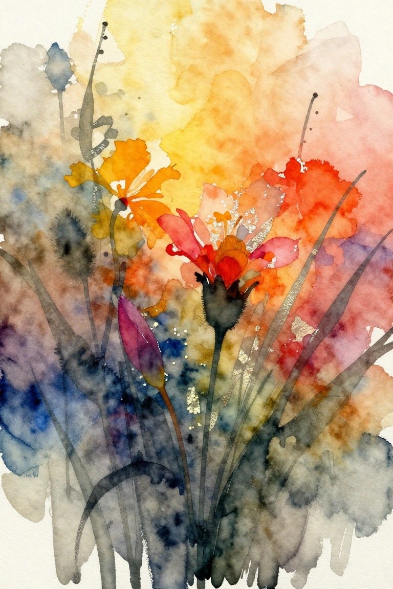 Watercolor painting of abstract flowers in red, orange, and yellow with dark stems on a multicolored background.