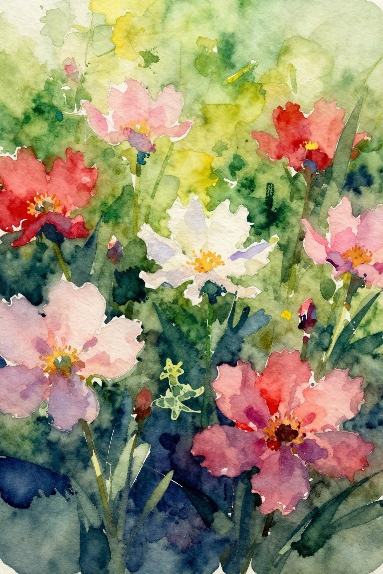 Vibrant watercolor flowers in pink, red, and white amid lush green foliage